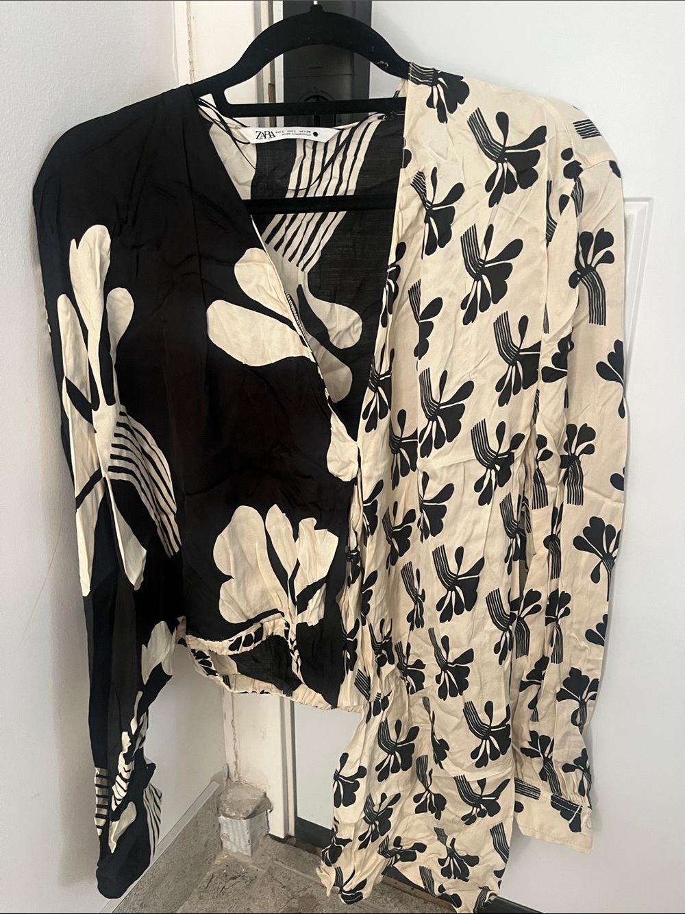 Zara Black & Cream Floral Wrap Blouse